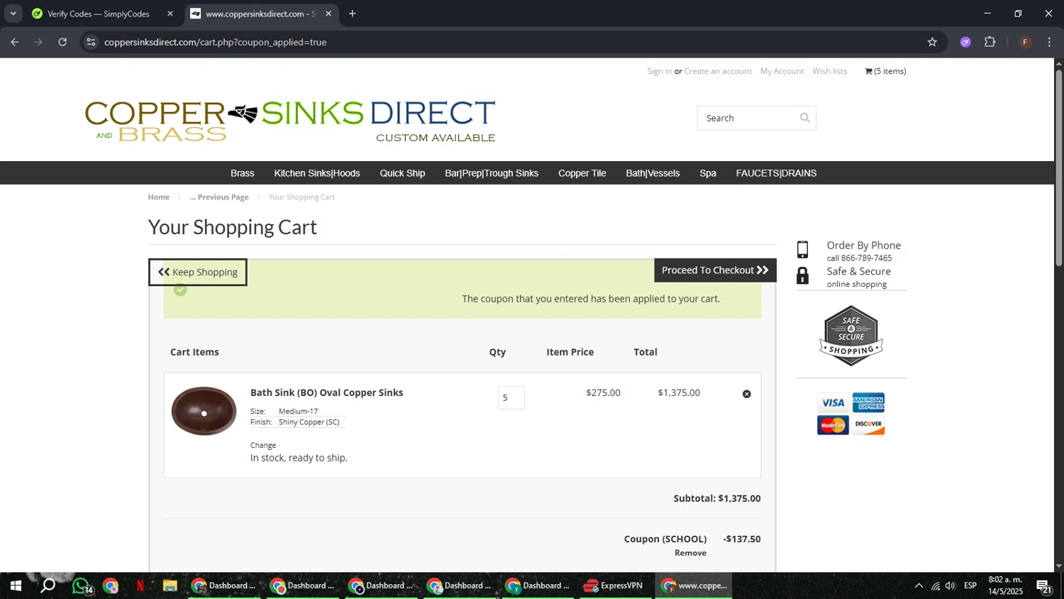 Copper Sinks Direct checkout page showing Copper Sinks Direct coupon code box | Screenshot taken by SimplyCodes community member on May 14, 2025