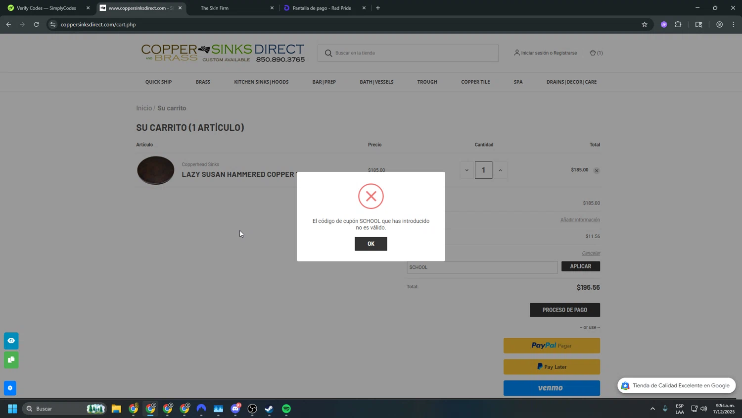 Copper Sinks Direct coupon code screenshot showing code SCHOOL applied at Copper Sinks Direct checkout page. Uploaded by SimplyCodes community member sfdfgdsfgdfgdfg on Dec 7, 2025