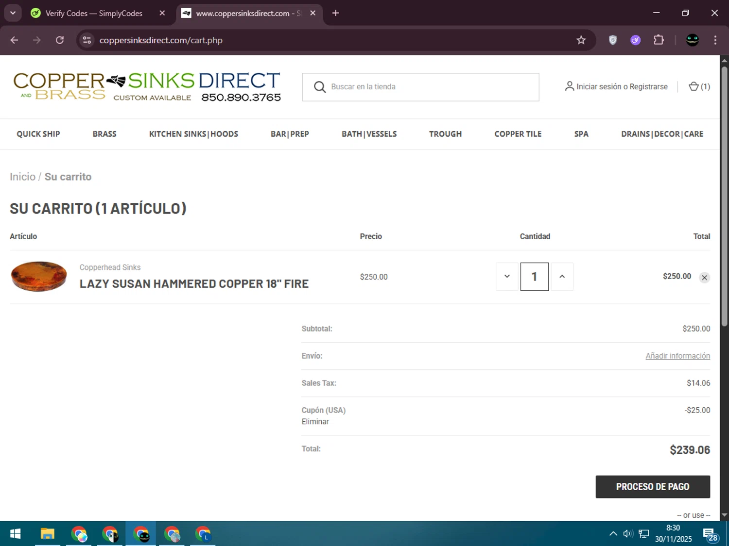 Copper Sinks Direct coupon code screenshot showing code USA applied at Copper Sinks Direct checkout page. Uploaded by SimplyCodes community member BargainWizard5755 on Nov 30, 2025