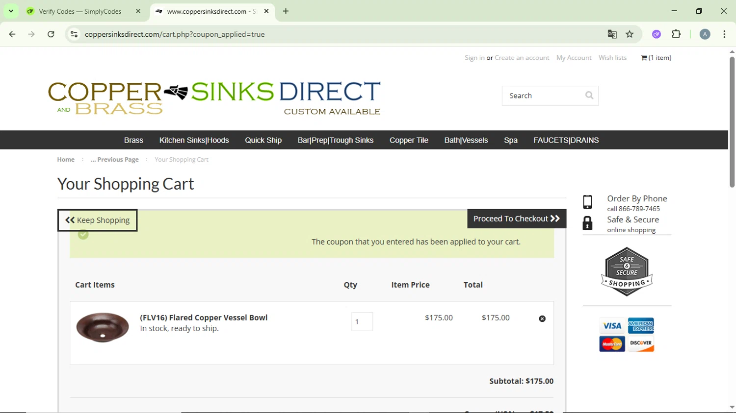 Copper Sinks Direct coupon code screenshot showing code USA applied at Copper Sinks Direct checkout page. Uploaded by SimplyCodes community member DiscountVirtuoso6243 on May 14, 2025