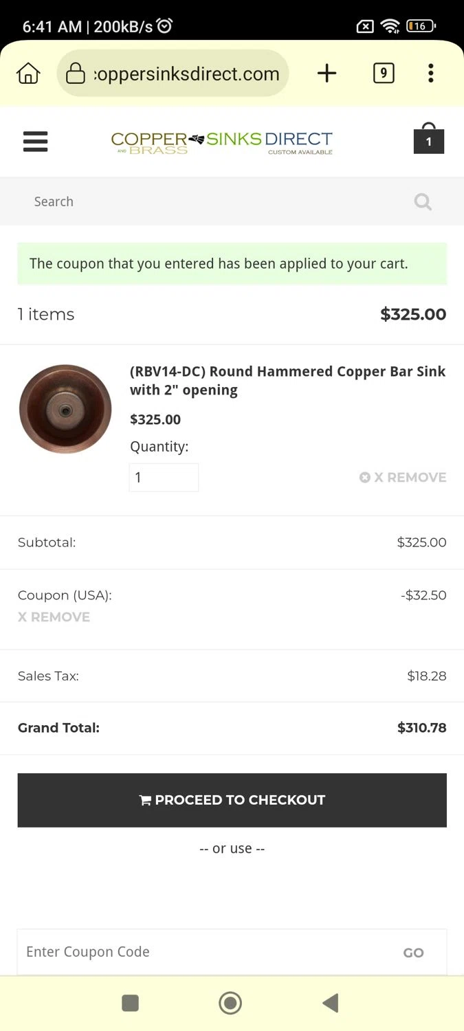 Copper Sinks Direct checkout page showing Copper Sinks Direct coupon code box | Screenshot taken by SimplyCodes community member on Jun 16, 2024