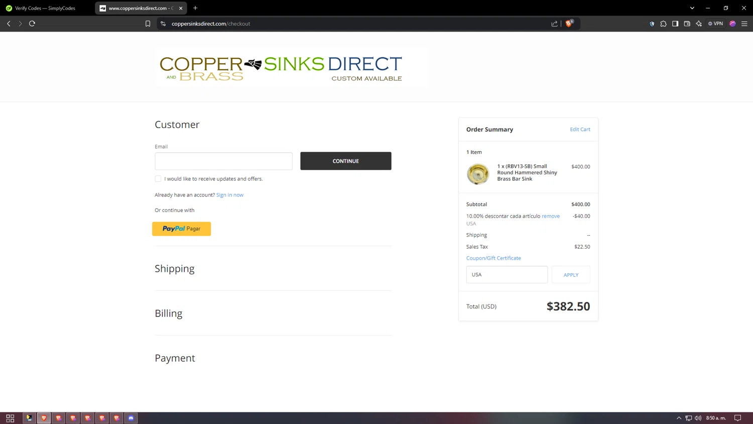 Copper Sinks Direct coupon code screenshot showing code USA applied at Copper Sinks Direct checkout page. Uploaded by SimplyCodes community member buda2030 on Jan 2, 2025