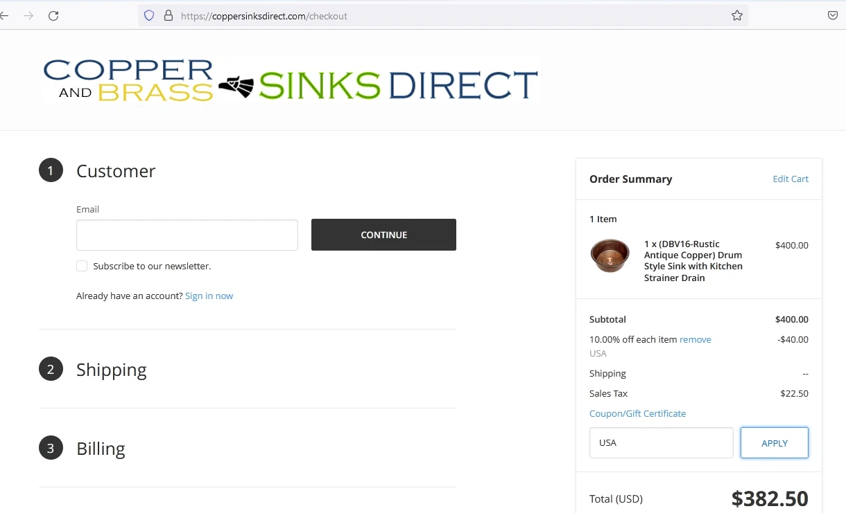 Copper Sinks Direct checkout page showing Copper Sinks Direct coupon code box | Screenshot taken by SimplyCodes community member on Oct 25, 2022