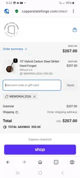 Copper State Forge coupon verification screenshot