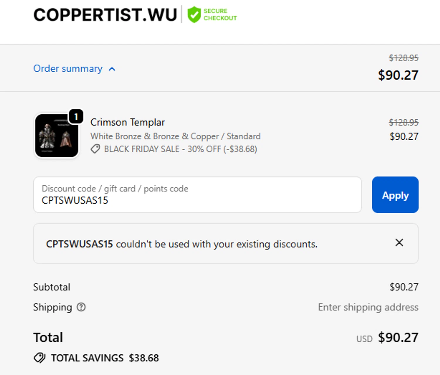 Coppertist.Wu promo code screenshot showing code CPTSWUSAS15 applied at Coppertist.Wu checkout page. Uploaded by SimplyCodes community member PrimeMaven3104 on Nov 15, 2025
