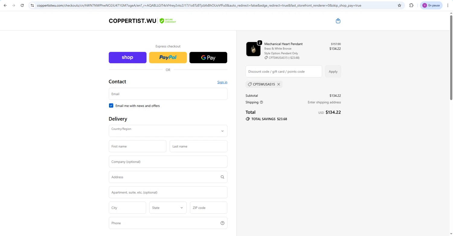 Coppertist.Wu checkout page showing Coppertist.Wu promo code box | Screenshot taken by SimplyCodes community member on Jan 8, 2026