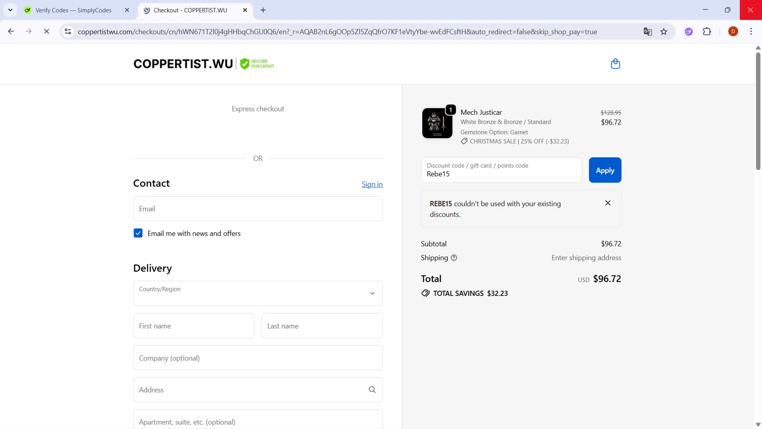 Coppertist.Wu promo code screenshot showing code Rebe15 applied at Coppertist.Wu checkout page. Uploaded by SimplyCodes community member RoyalSaver3150 on Dec 6, 2025