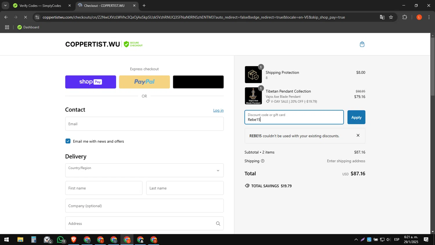 Coppertist.Wu promo code screenshot showing code Rebe15 applied at Coppertist.Wu checkout page. Uploaded by SimplyCodes community member luissdbv4 on Jan 29, 2025