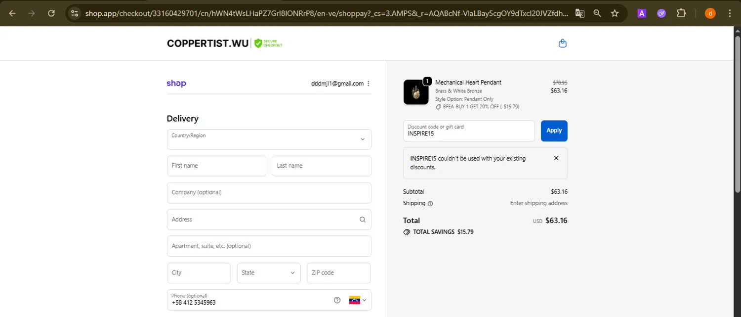 Coppertist.Wu promo code screenshot showing code INSPIRE15 applied at Coppertist.Wu checkout page. Uploaded by SimplyCodes community member PennyAdmiral6960 on Nov 4, 2025