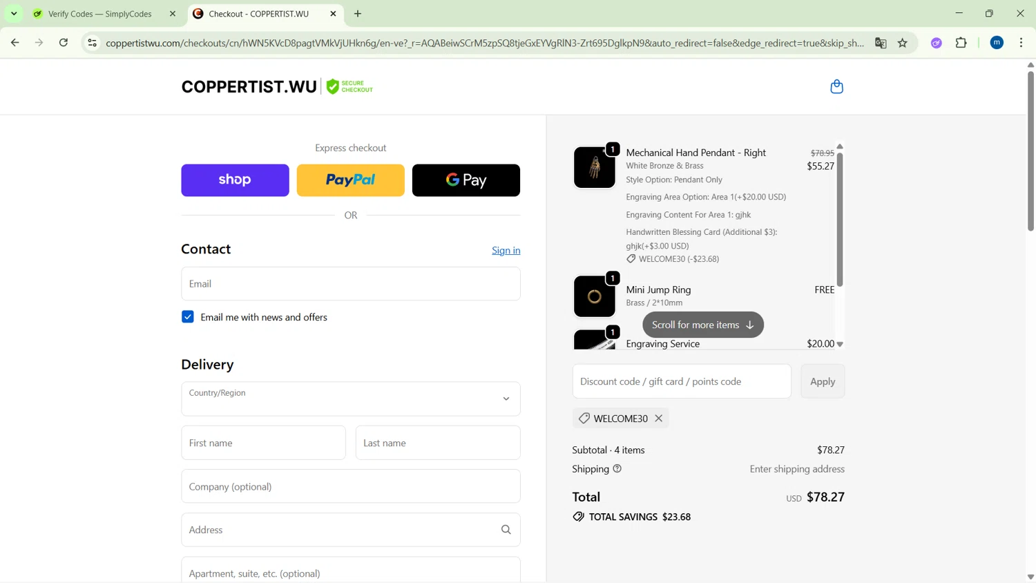 Coppertist.Wu promo code screenshot showing code Welcome30 applied at Coppertist.Wu checkout page. Uploaded by SimplyCodes community member GloriousSpotter8024 on Nov 15, 2025