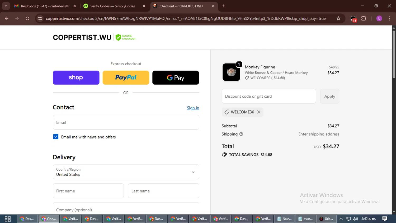 Coppertist.Wu promo code screenshot showing code Welcome30 applied at Coppertist.Wu checkout page. Uploaded by SimplyCodes community member RewardScout5160 on Nov 10, 2025