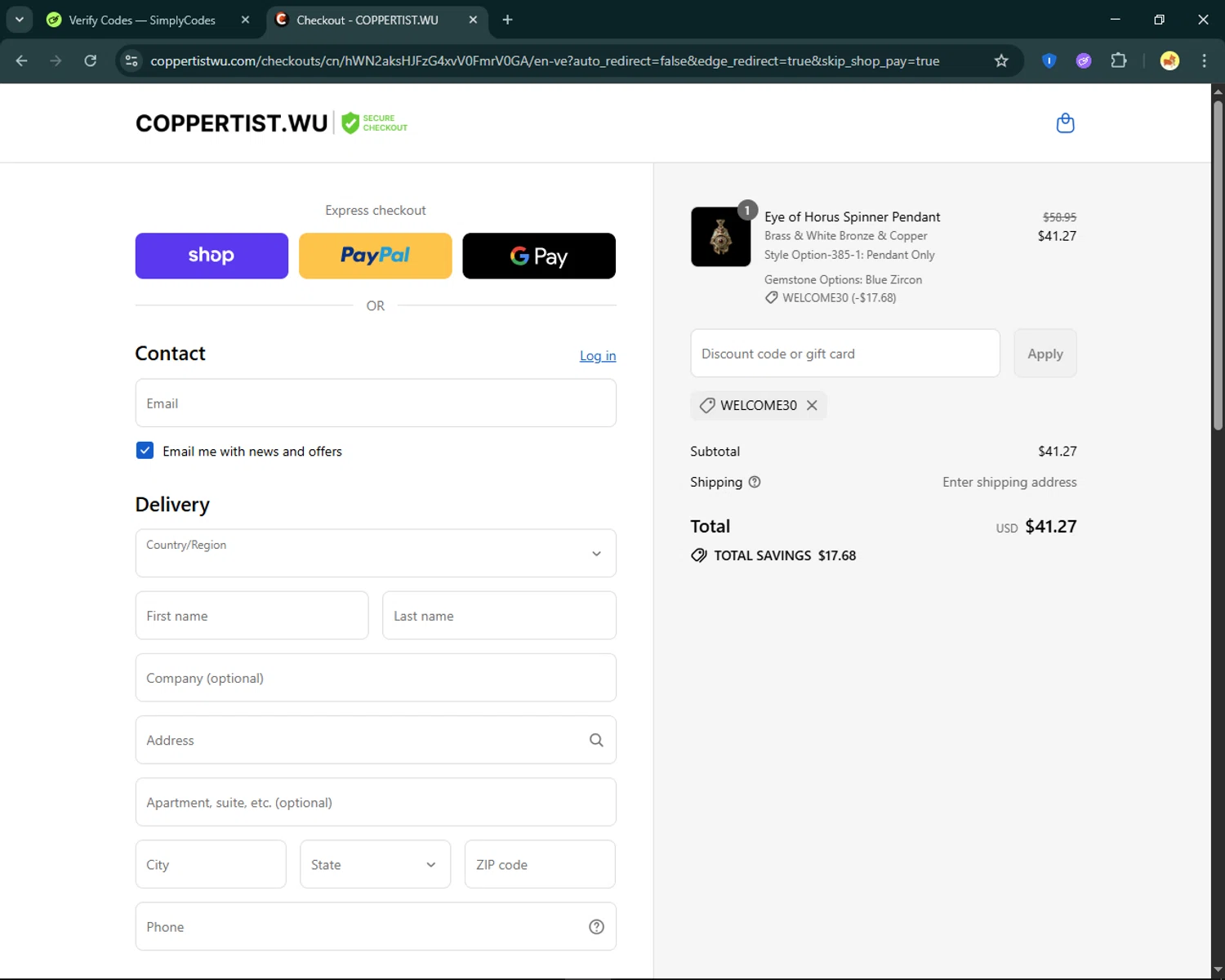 Coppertist.Wu promo code screenshot showing code Welcome30 applied at Coppertist.Wu checkout page. Uploaded by SimplyCodes community member SmartFinder4193 on Sep 4, 2025