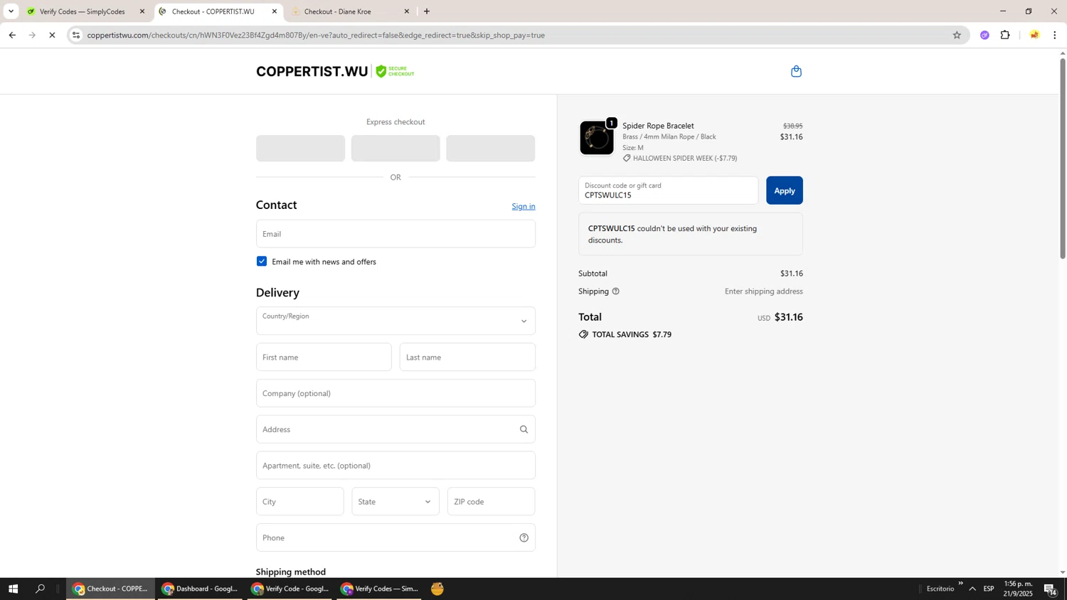 Coppertist.Wu promo code screenshot showing code CPTSWULC15 applied at Coppertist.Wu checkout page. Uploaded by SimplyCodes community member Richard251 on Sep 21, 2025