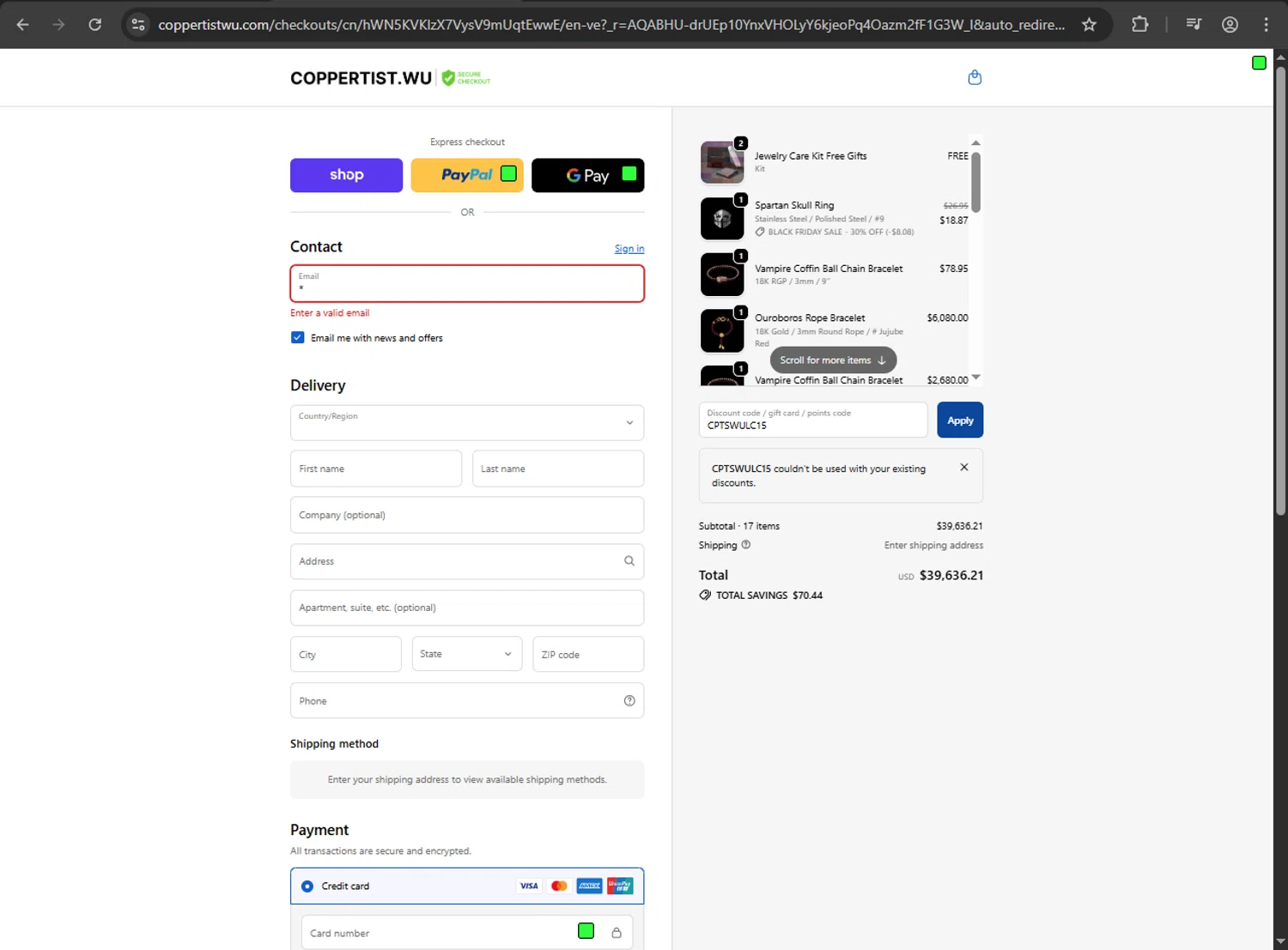 Coppertist.Wu promo code screenshot showing code CPTSWULC15 applied at Coppertist.Wu checkout page. Uploaded by SimplyCodes community member zzzzzzza on Nov 15, 2025