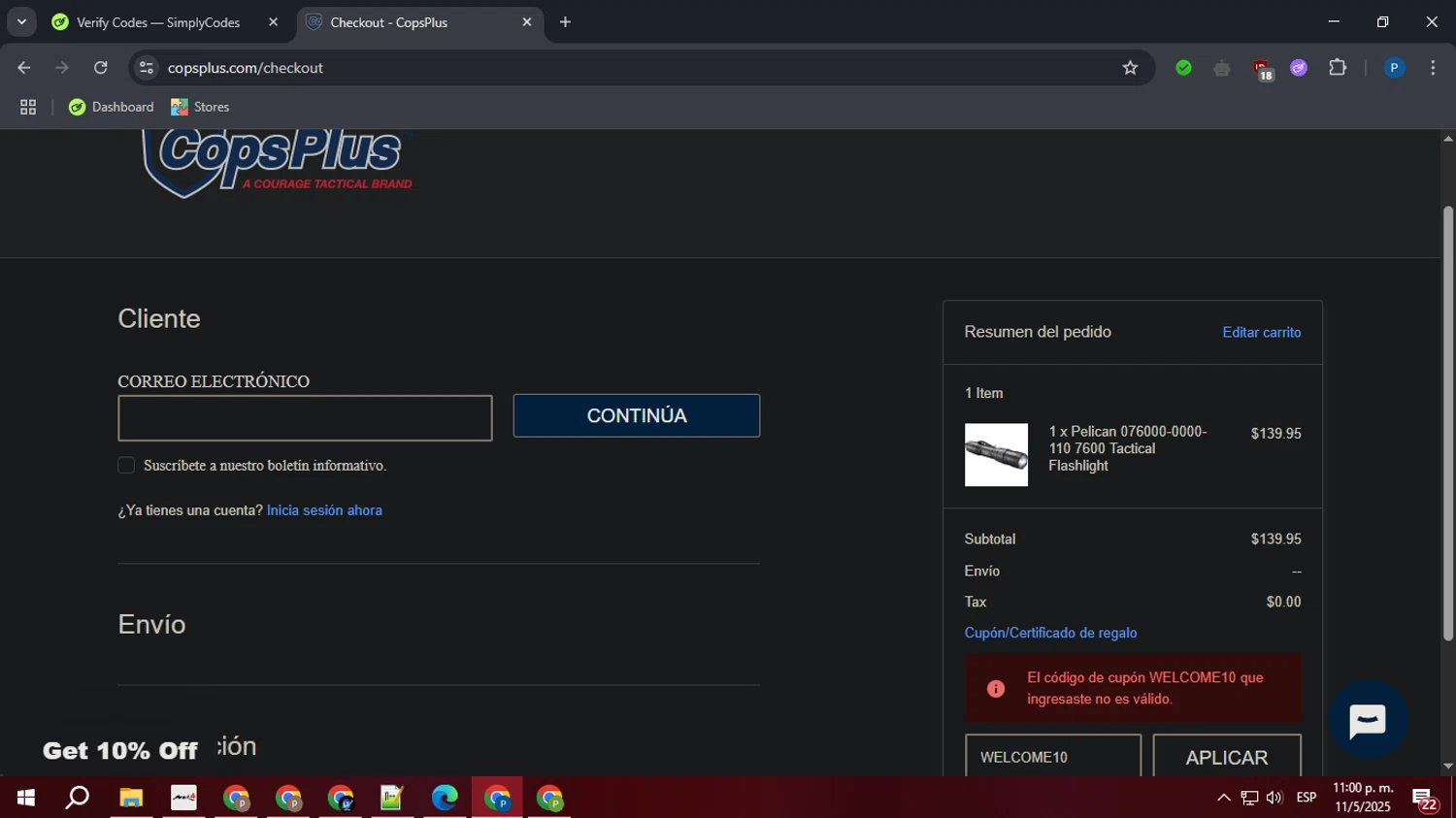 CopsPlus discount code screenshot showing code WELCOME10 applied at CopsPlus checkout page. Uploaded by SimplyCodes community member GoldSaver3857 on May 12, 2025