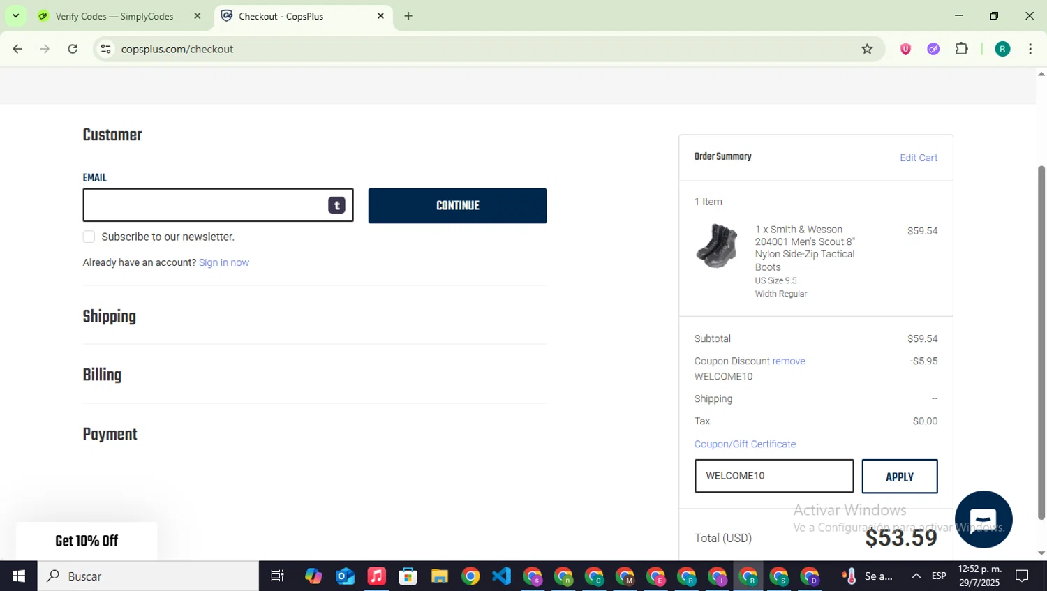 CopsPlus discount code screenshot showing code WELCOME10 applied at CopsPlus checkout page. Uploaded by SimplyCodes community member SavingsLegend387 on Jul 29, 2025
