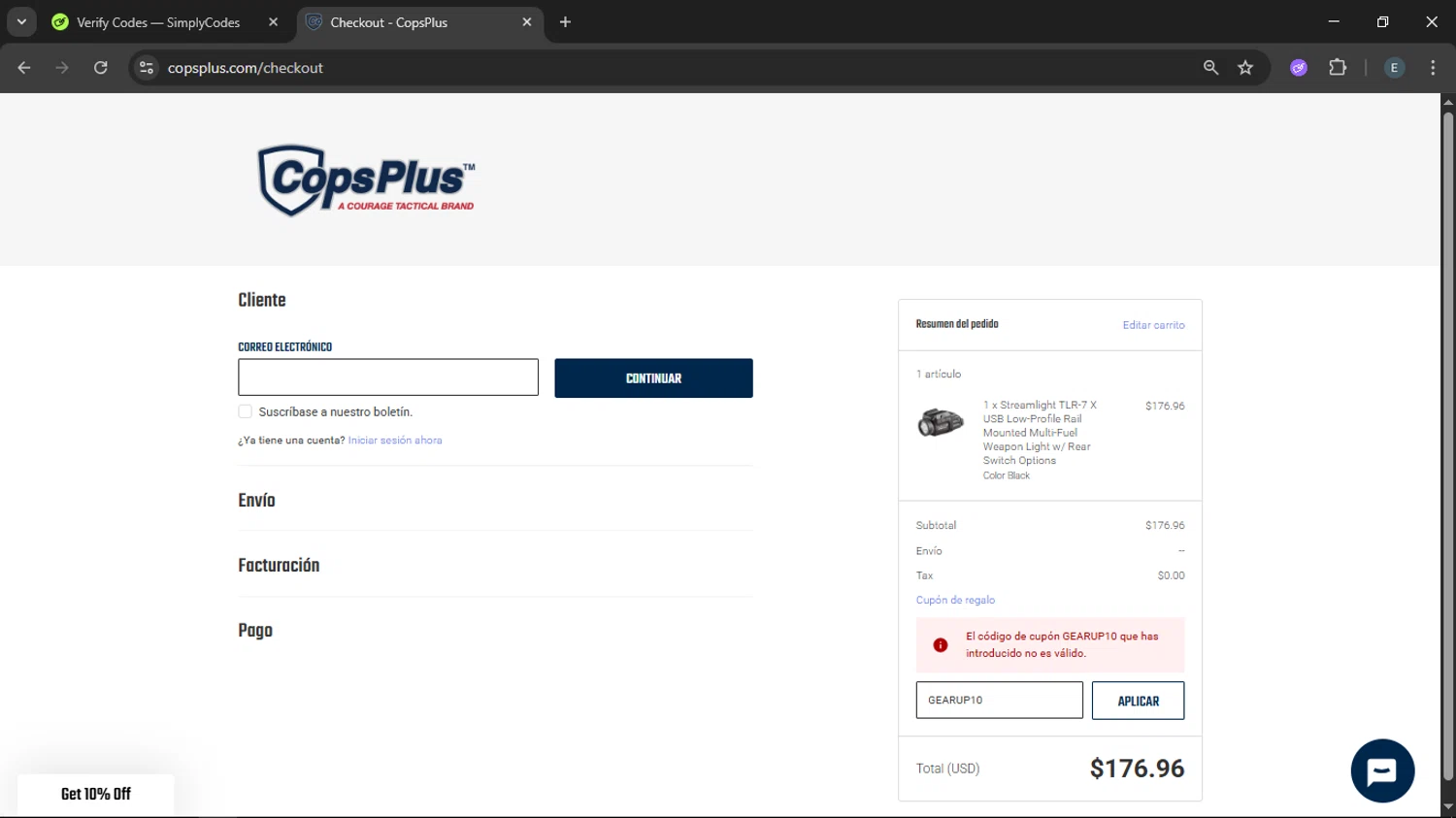 CopsPlus discount code screenshot showing code GEARUP10 applied at CopsPlus checkout page. Uploaded by SimplyCodes community member LegendaryFox9861 on Jul 23, 2025