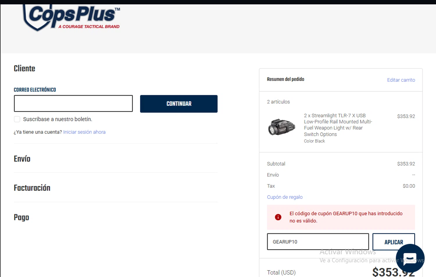 CopsPlus discount code screenshot showing code GEARUP10 applied at CopsPlus checkout page. Uploaded by SimplyCodes community member Lestara_23 on Jul 23, 2025