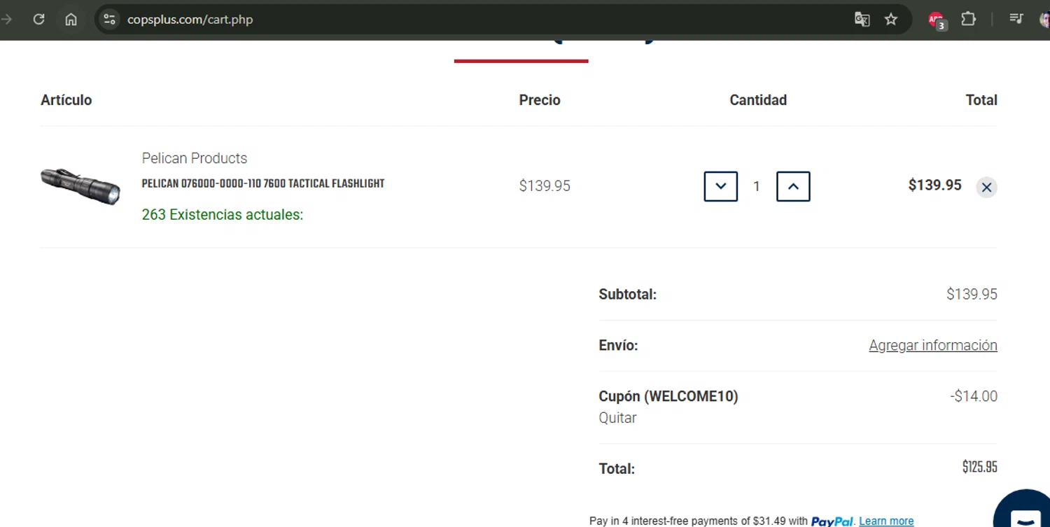 CopsPlus discount code screenshot showing code WELCOME10 applied at CopsPlus checkout page. Uploaded by SimplyCodes community member Jhonny on Jul 29, 2025