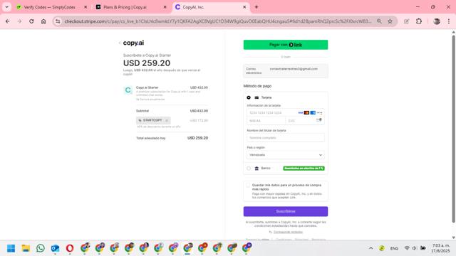 CopyAI checkout page showing CopyAI promo code box | Screenshot taken by SimplyCodes community member on Aug 17, 2025