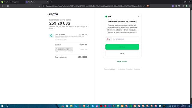 CopyAI checkout page showing CopyAI promo code box | Screenshot taken by SimplyCodes community member on Jul 27, 2025