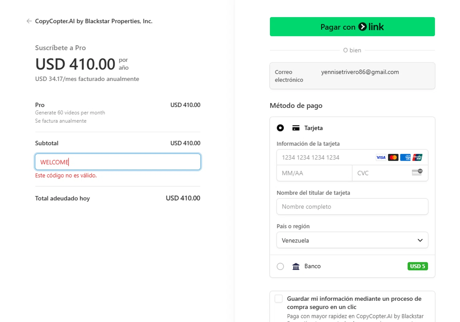 CopyCopter promo code screenshot showing code WELCOME applied at CopyCopter checkout page. Uploaded by SimplyCodes community member Aryel86 on May 8, 2025