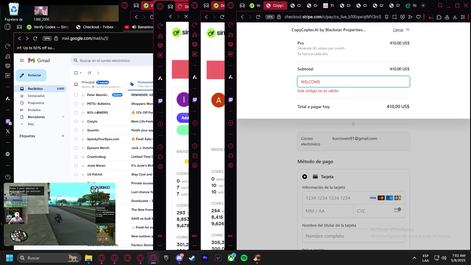 CopyCopter promo code screenshot showing code WELCOME applied at CopyCopter checkout page. Uploaded by SimplyCodes community member Handivlak on May 8, 2025
