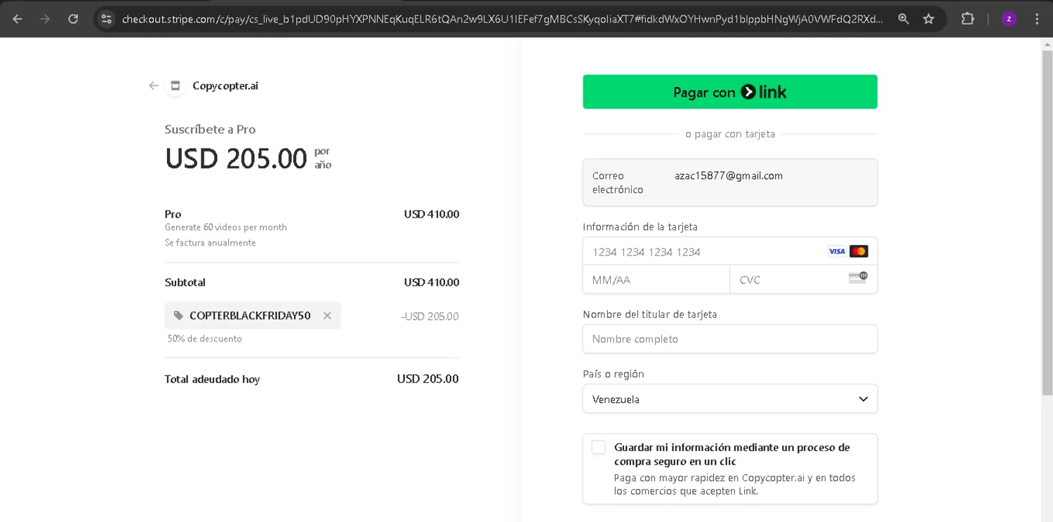 CopyCopter checkout page showing CopyCopter promo code box | Screenshot taken by SimplyCodes community member on Jan 20, 2025