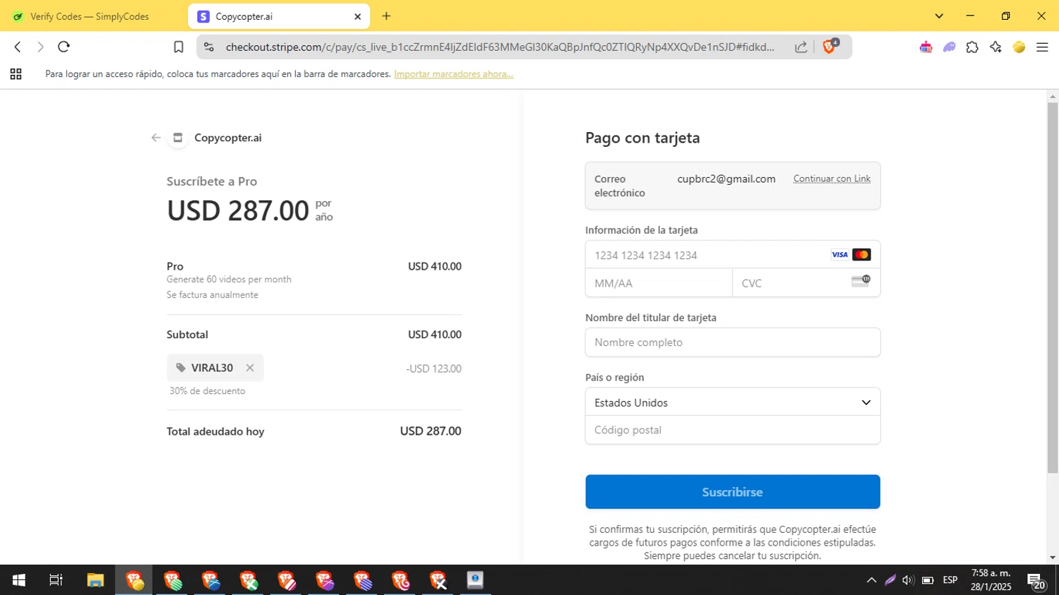 CopyCopter promo code screenshot showing code VIRAL30 applied at CopyCopter checkout page. Uploaded by SimplyCodes community member popeyemalkovich on Jan 28, 2025