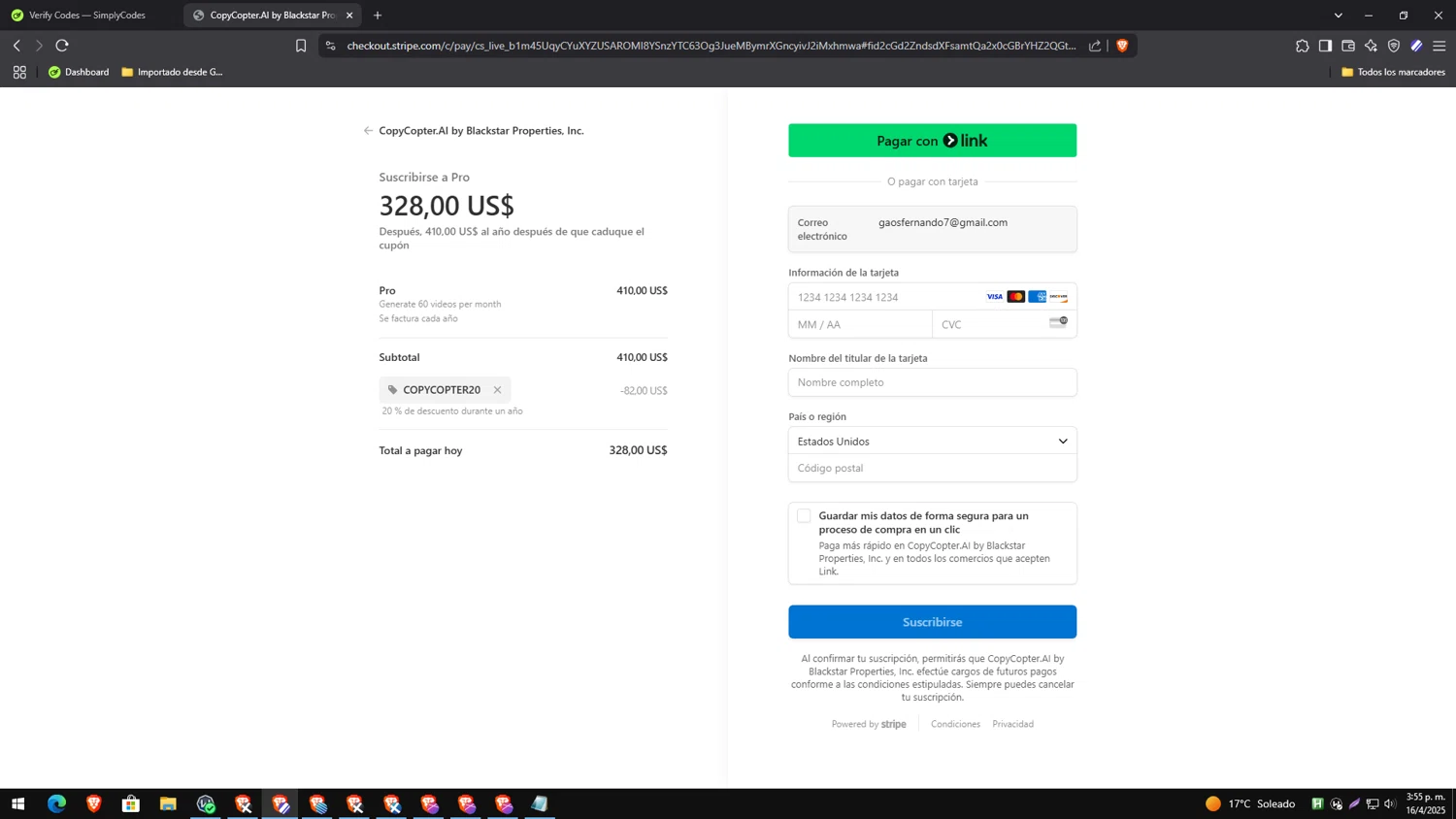 CopyCopter promo code screenshot showing code COPYCOPTER20 applied at CopyCopter checkout page. Uploaded by SimplyCodes community member yesenia on Apr 16, 2025