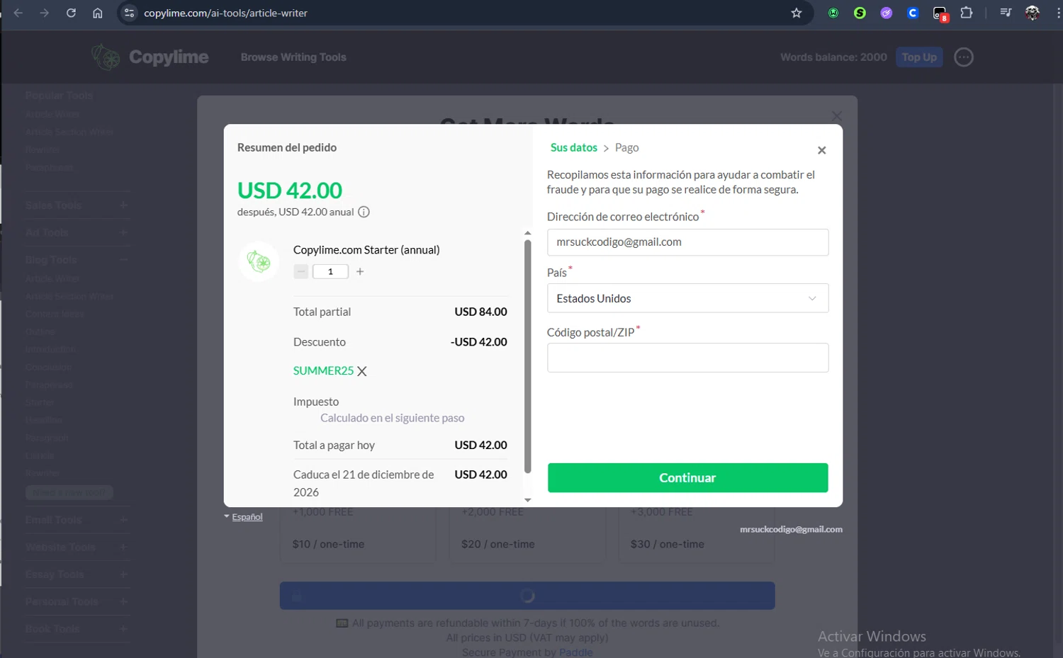 Copylime promo code screenshot showing code SUMMER25 applied at Copylime checkout page. Uploaded by SimplyCodes community member Jmhernand1 on Dec 21, 2025