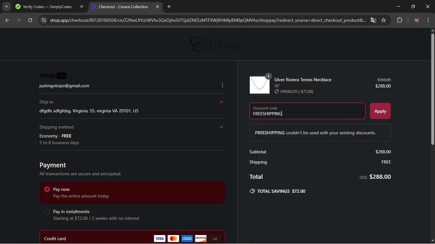 Corace Collection promo code screenshot showing code FREESHIPPING applied at Corace Collection checkout page. Uploaded by SimplyCodes community member KTMCRF on Apr 14, 2025