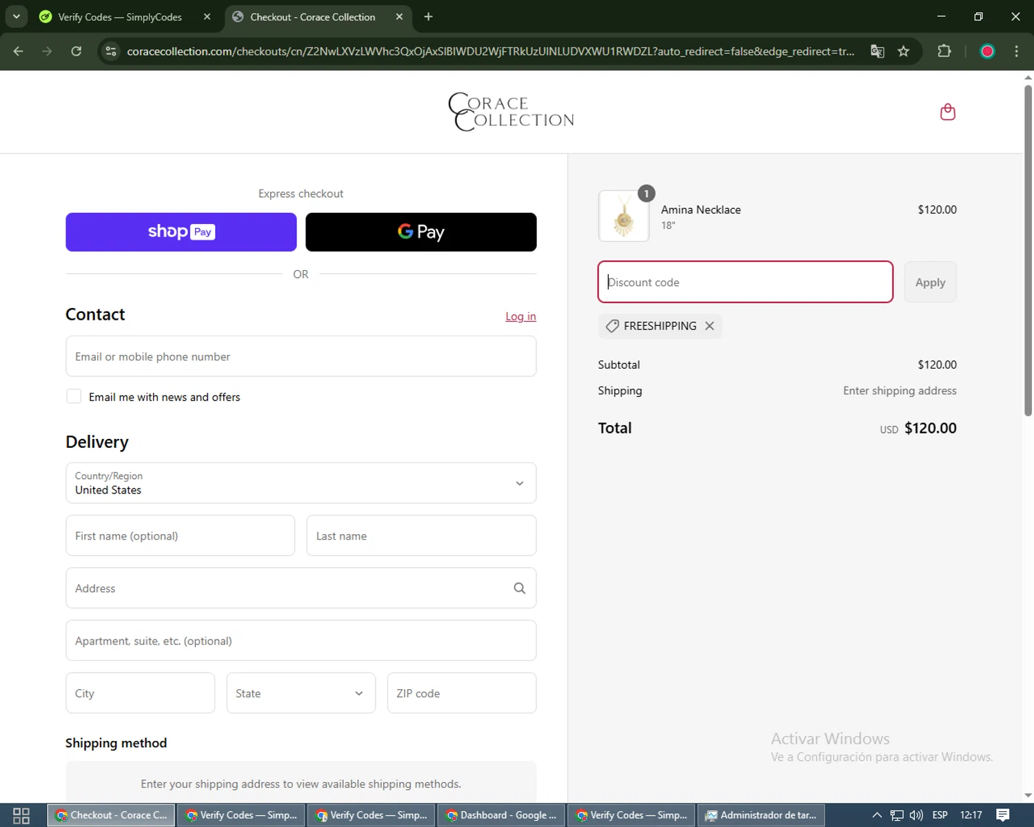 Corace Collection promo code screenshot showing code FREESHIPPING applied at Corace Collection checkout page. Uploaded by SimplyCodes community member Robert_Williams on Mar 17, 2025