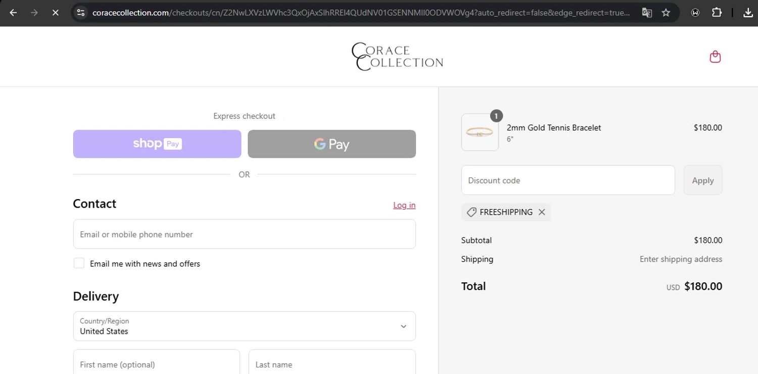 Corace Collection promo code screenshot showing code FREESHIPPING applied at Corace Collection checkout page. Uploaded by SimplyCodes community member RoyalSpotter5217 on Jun 14, 2025