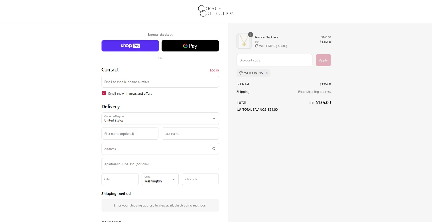 Corace Collection promo code screenshot showing code WELCOME15 applied at Corace Collection checkout page. Uploaded by SimplyCodes community member WonderGuardian4443 on Jul 12, 2025