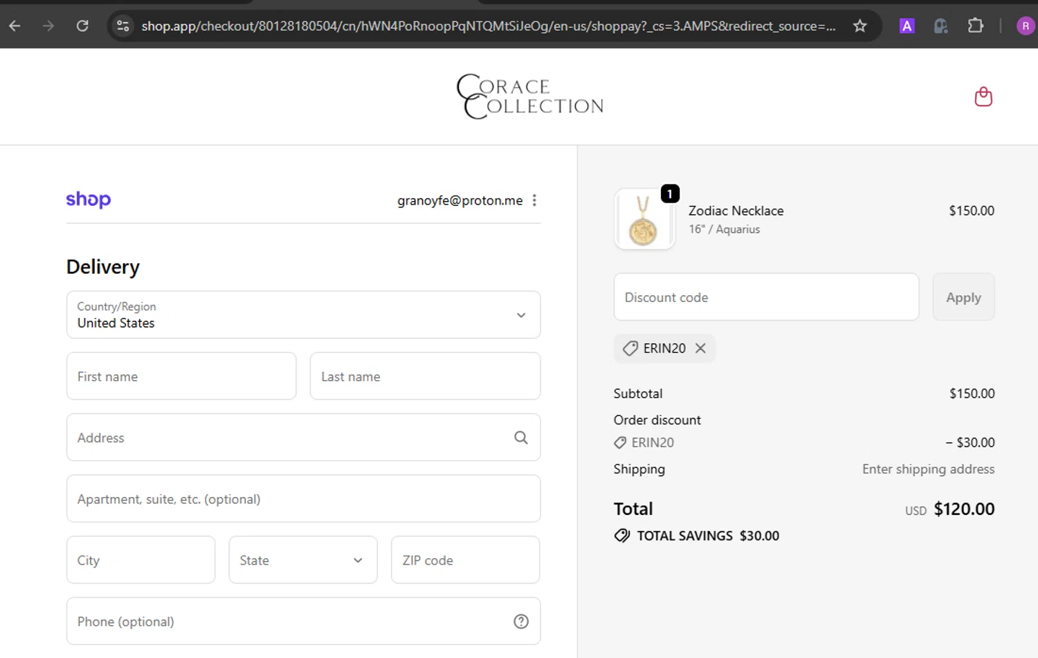 Corace Collection promo code screenshot showing code Erin20 applied at Corace Collection checkout page. Uploaded by SimplyCodes community member MARCVH on Oct 22, 2025
