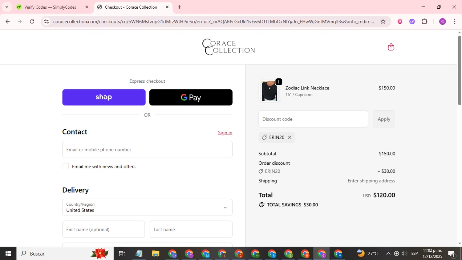Corace Collection promo code screenshot showing code Erin20 applied at Corace Collection checkout page. Uploaded by SimplyCodes community member ValuePilot6849 on Dec 13, 2025