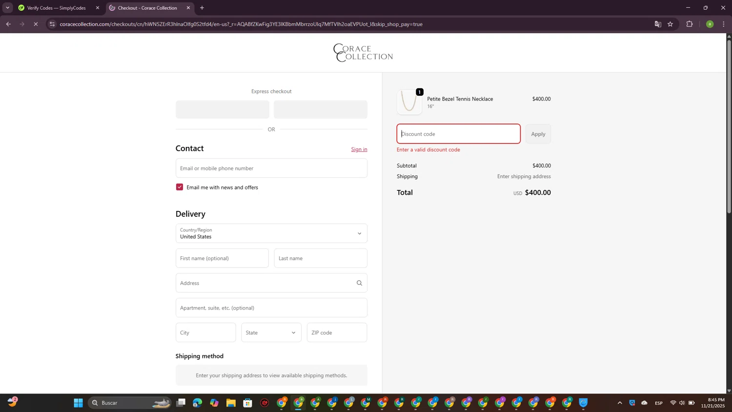Corace Collection promo code screenshot showing code BF25 applied at Corace Collection checkout page. Uploaded by SimplyCodes community member DiscountSpotter1028 on Nov 22, 2025