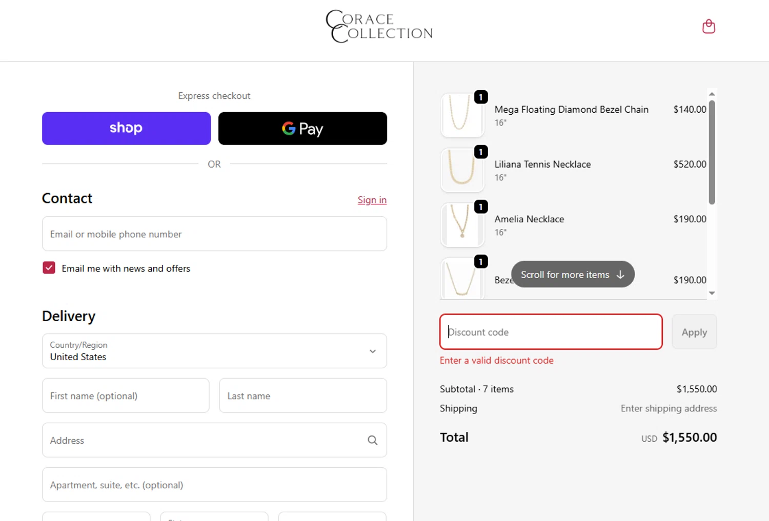 Corace Collection promo code screenshot showing code BF25 applied at Corace Collection checkout page. Uploaded by SimplyCodes community member EpicSpotter6525 on Nov 22, 2025