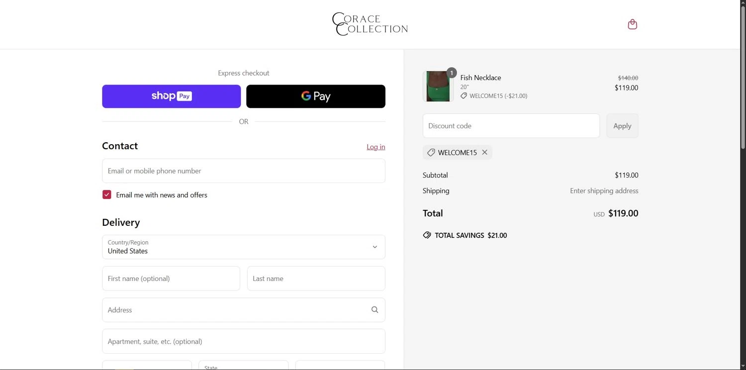 Corace Collection promo code screenshot showing code WELCOME15 applied at Corace Collection checkout page. Uploaded by SimplyCodes community member Depressive on May 23, 2025
