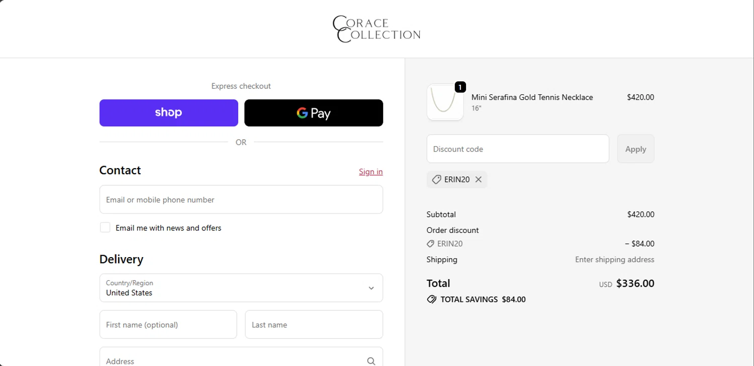 Corace Collection promo code screenshot showing code Erin20 applied at Corace Collection checkout page. Uploaded by SimplyCodes community member jupitera on Oct 22, 2025