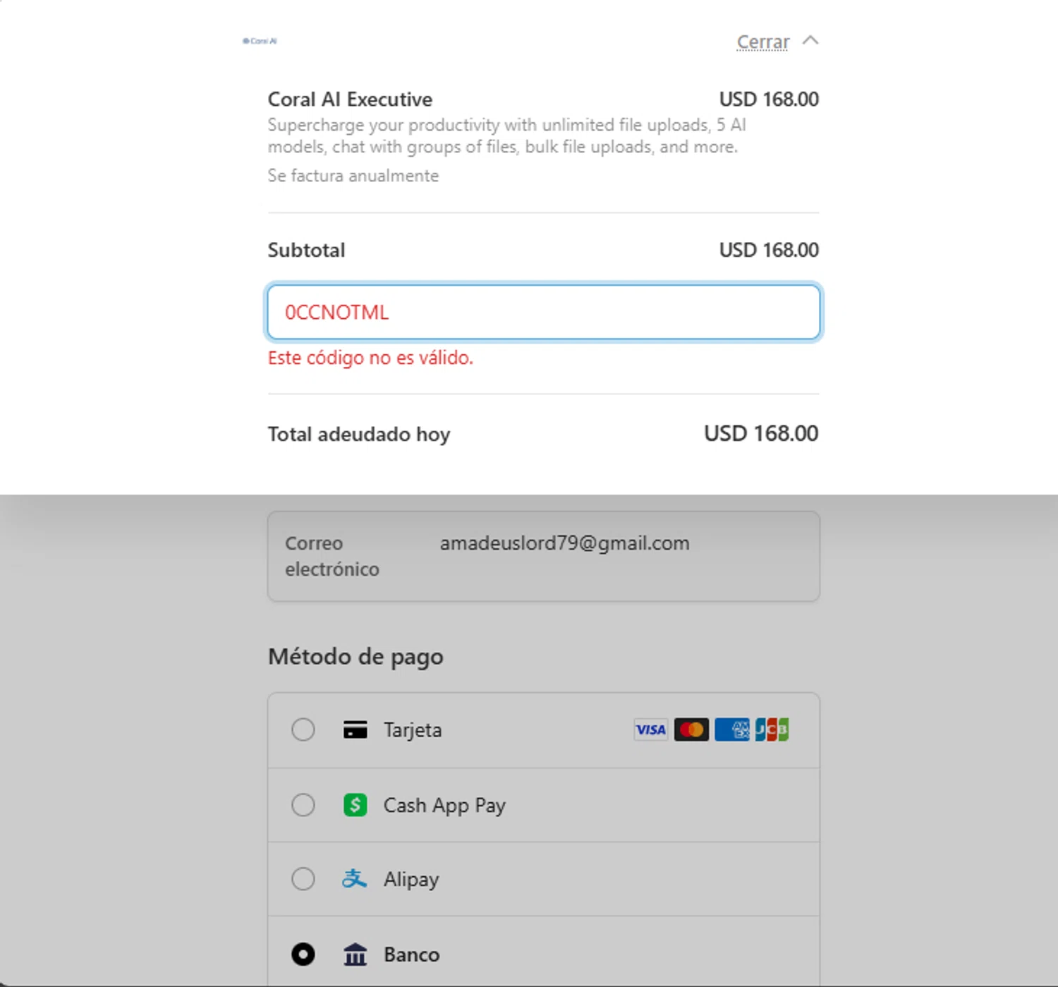 Coral AI promo code screenshot showing code 0CCNOTML applied at Coral AI checkout page. Uploaded by SimplyCodes community member PANDITA on Mar 25, 2025