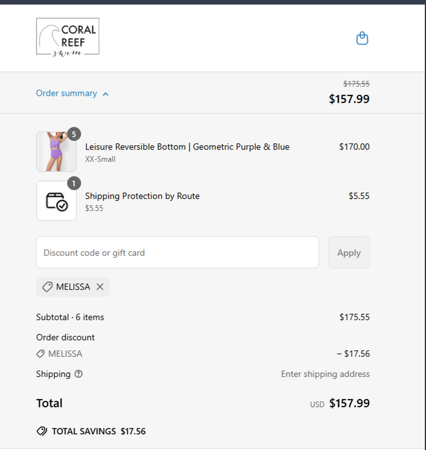 Coral Reef Swim discount code screenshot showing code MELISSA applied at Coral Reef Swim checkout page. Uploaded by SimplyCodes community member ElAuronPlay on May 31, 2025
