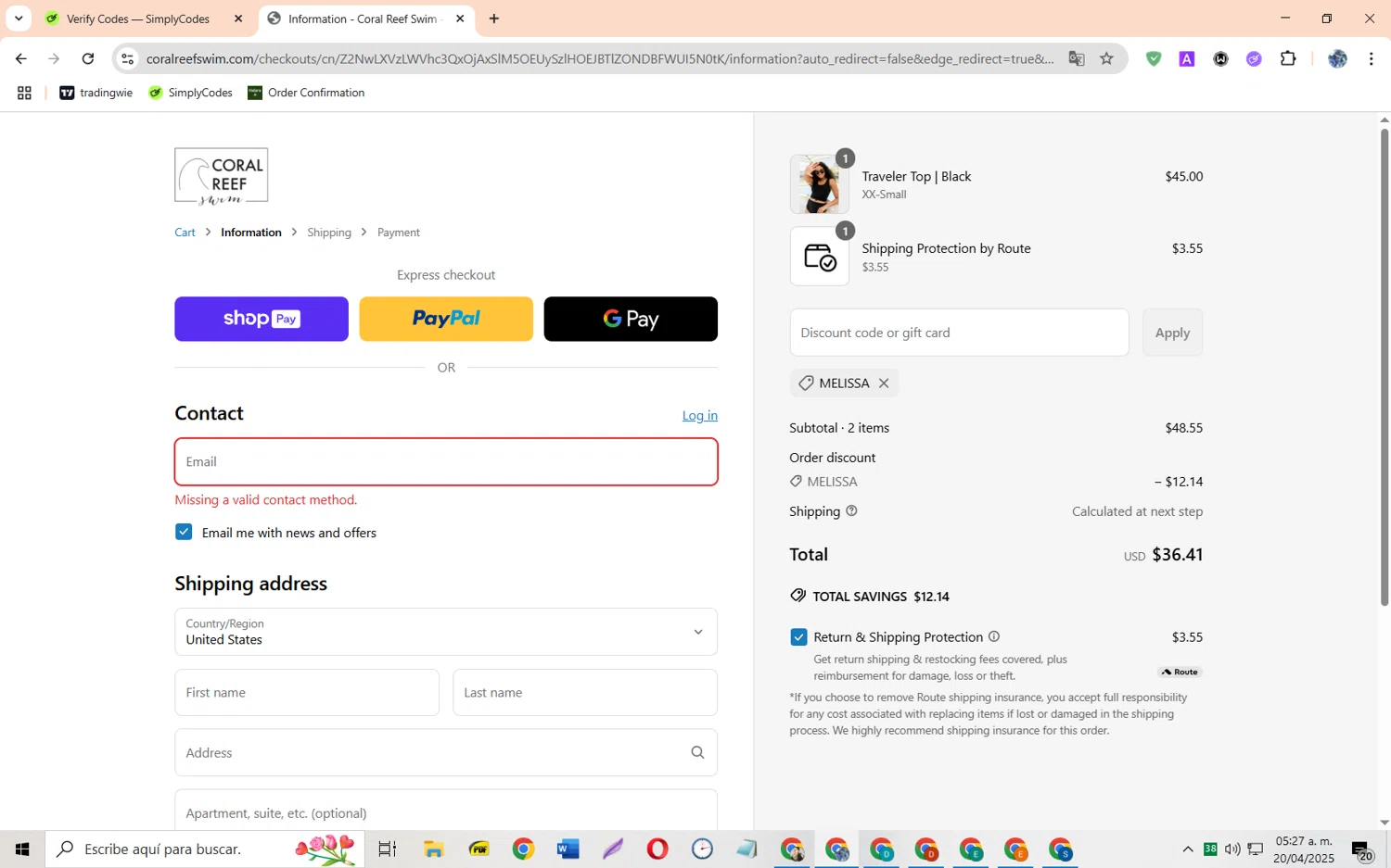 Coral Reef Swim discount code screenshot showing code MELISSA applied at Coral Reef Swim checkout page. Uploaded by SimplyCodes community member JoseH45 on Apr 20, 2025
