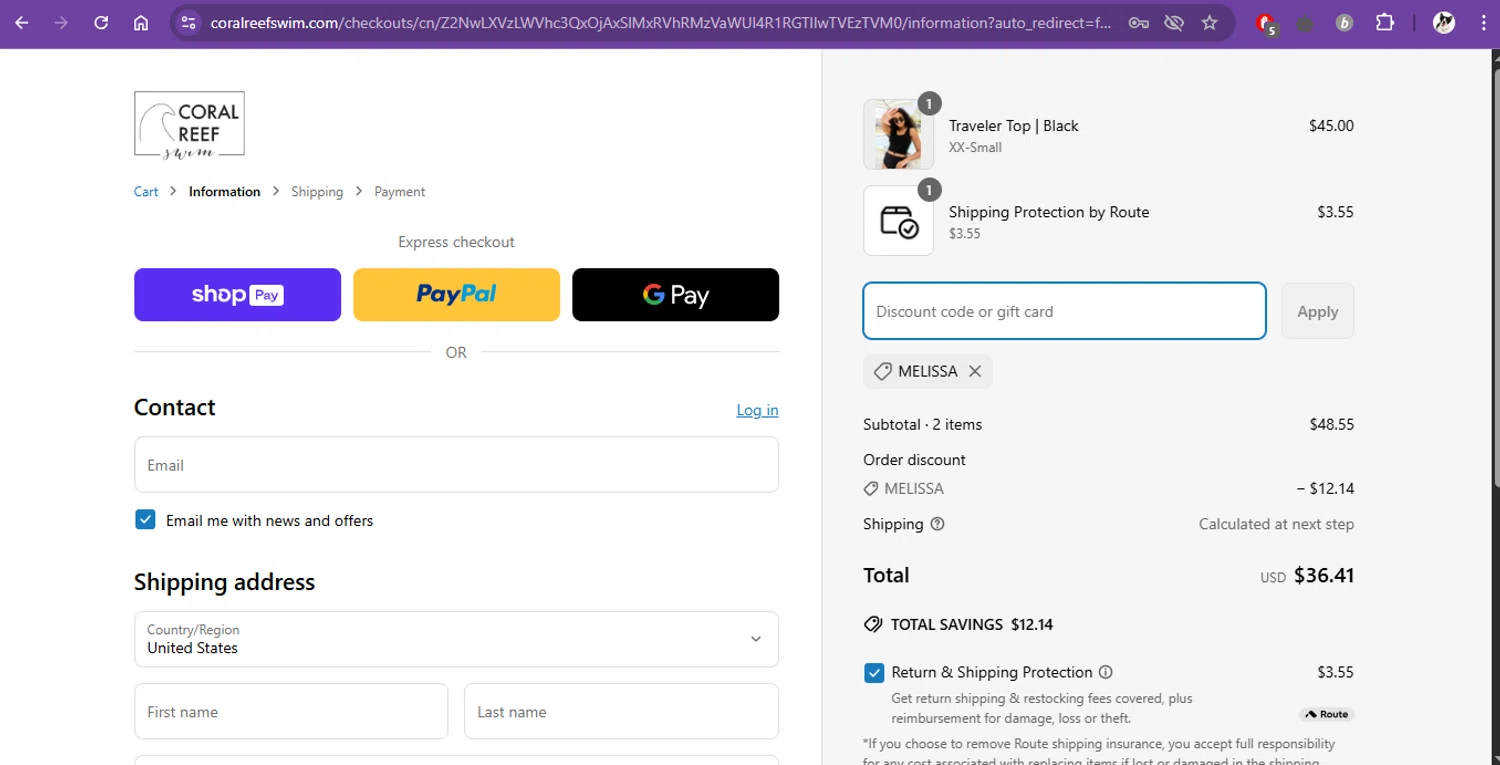 Coral Reef Swim discount code screenshot showing code MELISSA applied at Coral Reef Swim checkout page. Uploaded by SimplyCodes community member BudgetTiger2988 on Apr 17, 2025