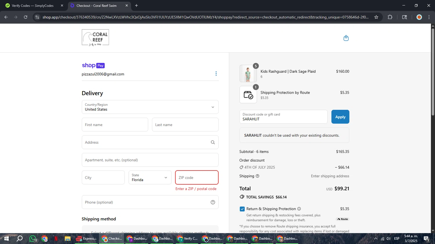 Coral Reef Swim discount code screenshot showing code SARAHLIT applied at Coral Reef Swim checkout page. Uploaded by SimplyCodes community member BonusCaptain9927 on Jul 3, 2025