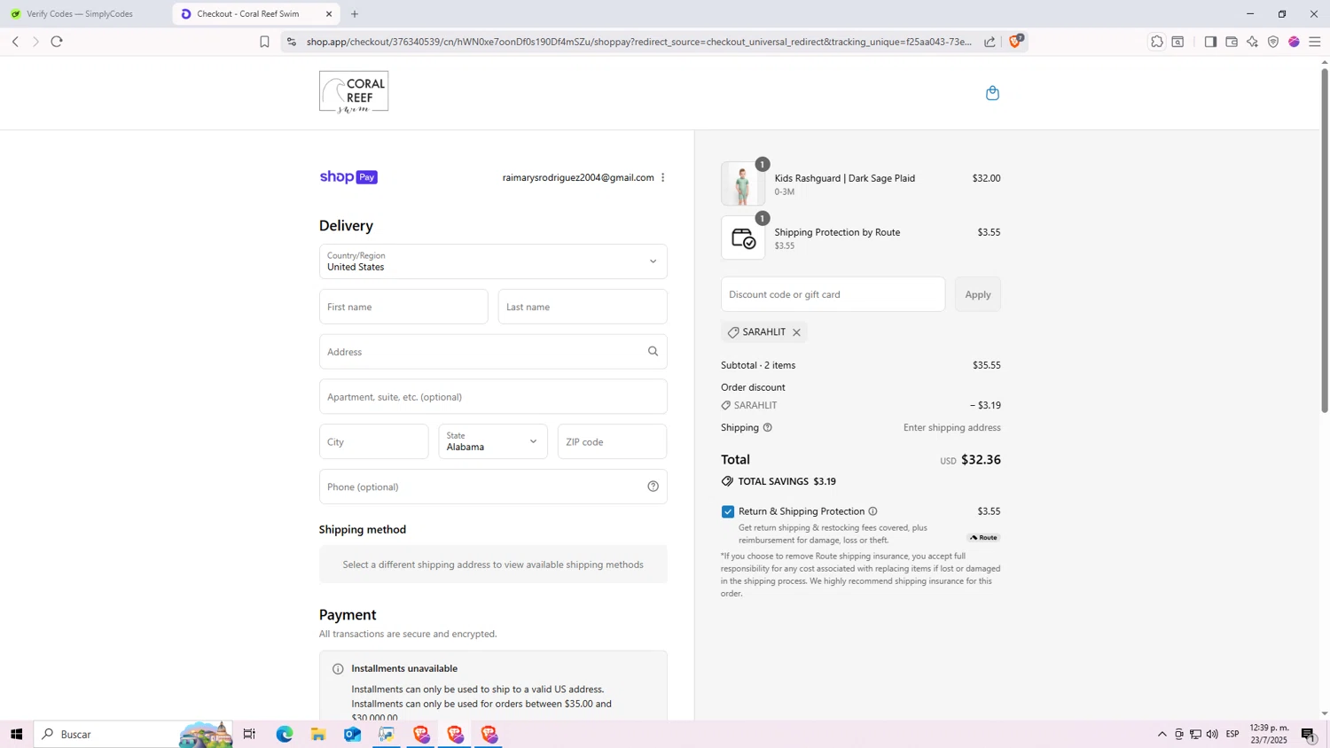 Coral Reef Swim discount code screenshot showing code SARAHLIT applied at Coral Reef Swim checkout page. Uploaded by SimplyCodes community member Nezukooo on Jul 23, 2025