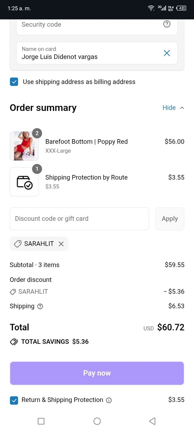 Coral Reef Swim discount code screenshot showing code SARAHLIT applied at Coral Reef Swim checkout page. Uploaded by SimplyCodes community member editorcupon on Jul 12, 2025