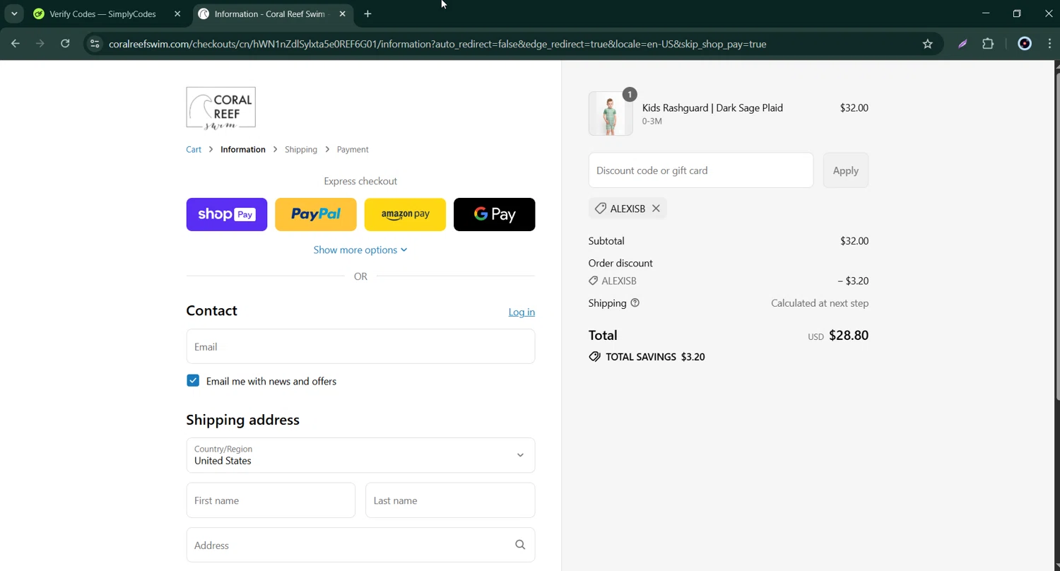 Coral Reef Swim discount code screenshot showing code Alexisb applied at Coral Reef Swim checkout page. Uploaded by SimplyCodes community member Bernard_Lowe on Aug 14, 2025