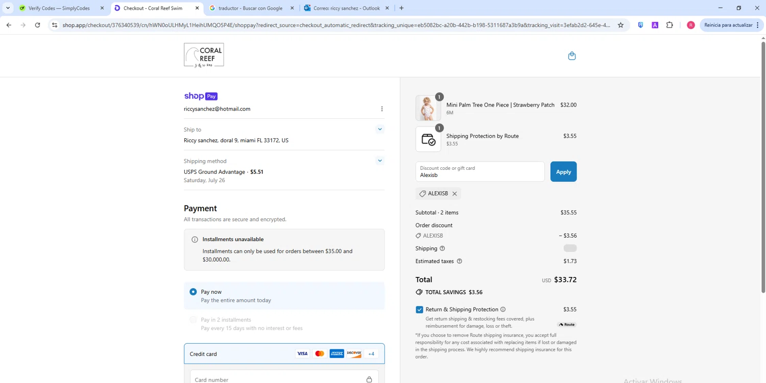 Coral Reef Swim discount code screenshot showing code Alexisb applied at Coral Reef Swim checkout page. Uploaded by SimplyCodes community member ShieldWarden5142 on Jul 19, 2025